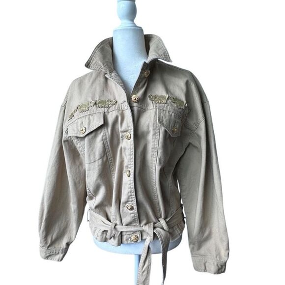 Vintage Tan Bomber Jacket 100% Cotton Women’s Embellished Belt SZ 12 - Picture 2 of 14